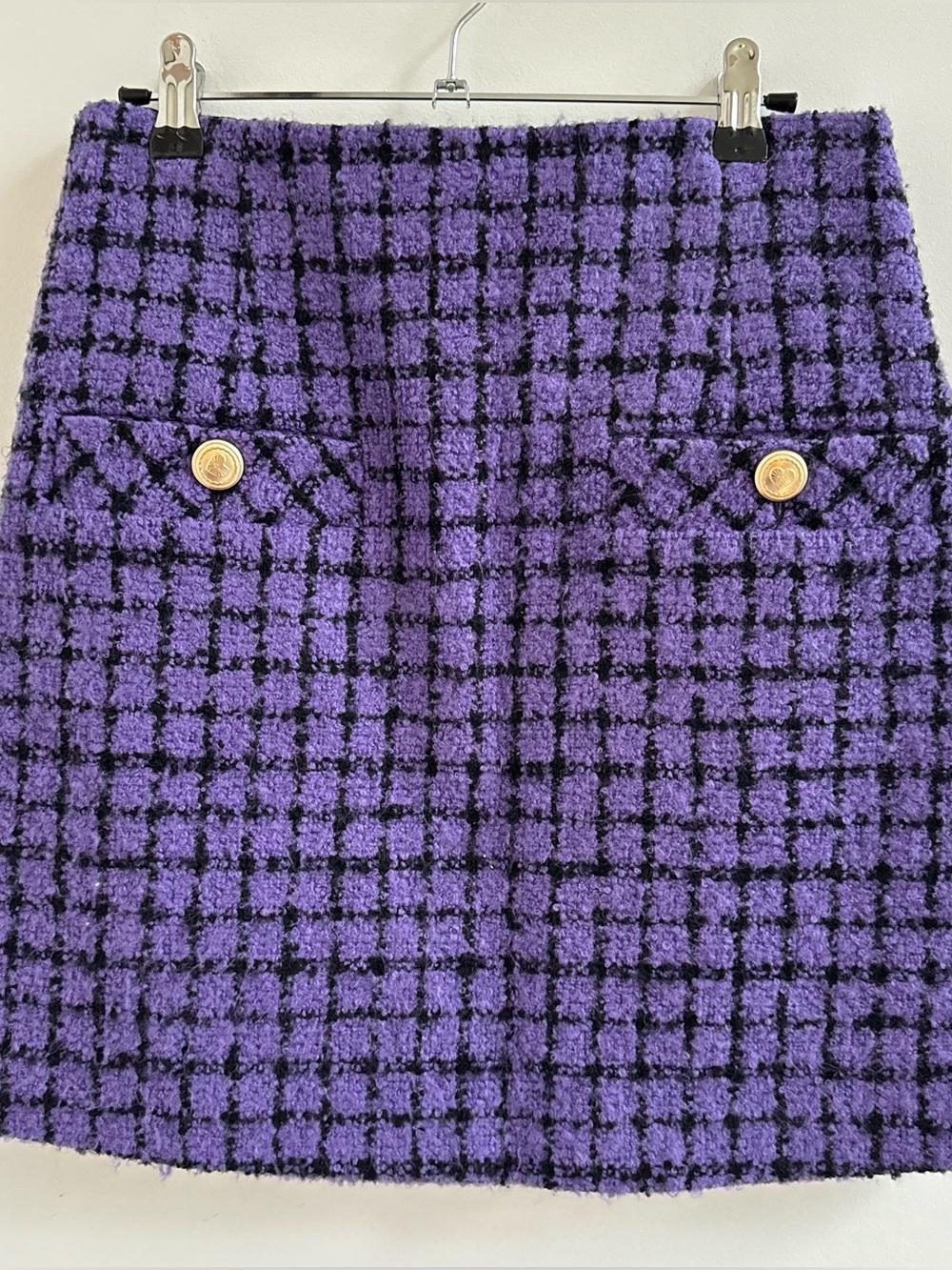 Sandro Purple and Black Tweed Mini Skirt with Gold Buttons